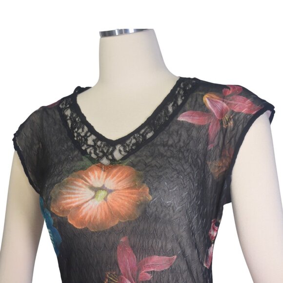Stunning Komarov Dress Sheer Crinkle Floral Print on Black Hanky Hem L - Picture 4 of 6
